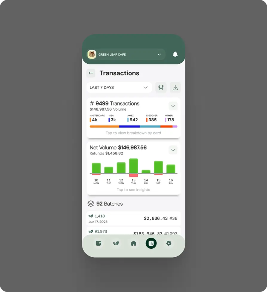 Merchant app transaction processing dashboard
