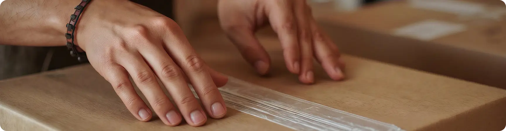 Hands sealing a package for online order fulfillment